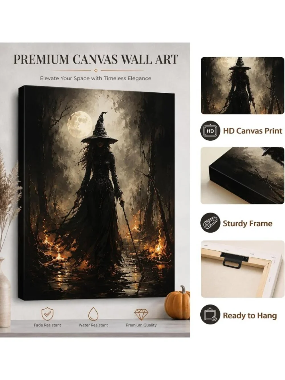 Spooky Halloween Canvas Art - Dark Witch in Enchanted Moonlit Forest Decor